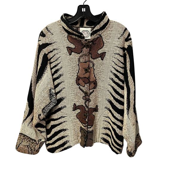 Vintage Sugar Street Weavers Safari Animal Print Button Up Sweater Jacket Medium - Picture 1 of 10